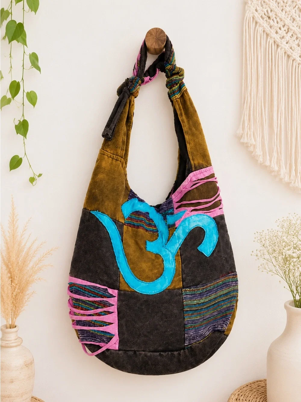 Boho Patchwork Om Hobo Bag | Festival Yoga Shoulder Purse